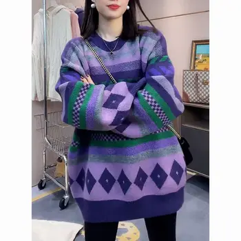 Дизайн, контрастный цвет, вязаный пуловер в стиле пэчворк, женский 2023, весенний новый теплый универсальный свитер с круглым вырезом и длинными рукавами, женский пуловер