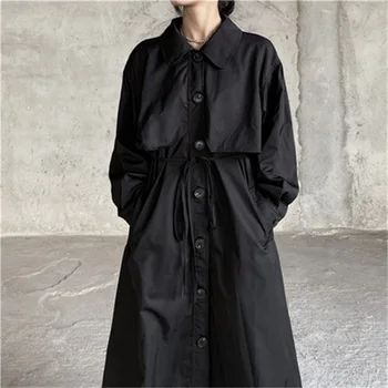 Женская ветровка средней длины, Черная повседневная Французская ретро-свободная темпераментная куртка с поясом, Маленькая куртка, Черная ветровка средней длины