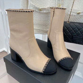 Женская обувь Ботильоны из натуральной кожи на высоком каблуке Дизайнерская цепочка на молнии Элегантные осенне-зимние Zapatillas Mujer на массивном каблуке