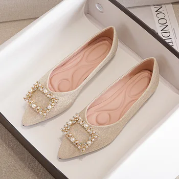 Женская обувь, новинка 2023 года, летние туфли на плоской подошве с острым носком, Модная свадебная обувь для невесты с квадратной пряжкой и стразами