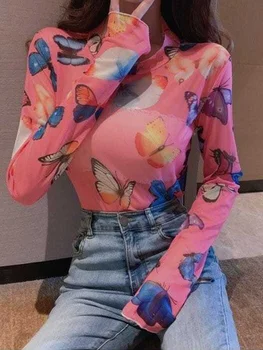 Женская футболка в уличном стиле 2022 года с длинным рукавом и принтом Бабочки, Сексуальный Прозрачный сетчатый топ, Пляжная женская одежда, Топы