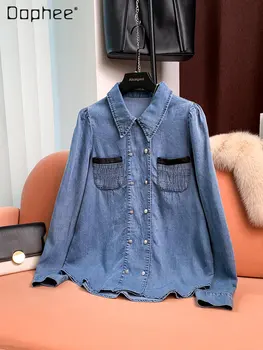 Женская хлопковая джинсовая рубашка, Весна и осень 2023, Новая Модная Повседневная Синяя Рубашка, Французская блузка с пышными рукавами, Женская