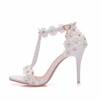 Женские босоножки HUAXI с белыми кружевными цветами и жемчугом на каблуке 9 см на тонком высоком каблуке Свадебные туфли-лодочки