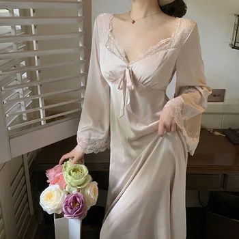 Женские ночные сорочки в стиле ретро, ночная рубашка в стиле принцессы Франции, кружевная сексуальная пижама Fairy Palace с бюстгальтером с длинным рукавом