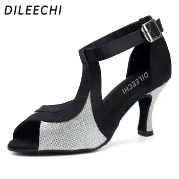 Женские туфли для латиноамериканских танцев DILEECHI, черные атласные туфли для бальных танцев с серебристой вспышкой, каблук высотой 7,5 см, мягкая подошва