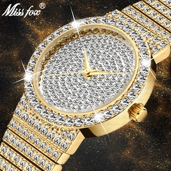 Женские часы Missfox Gold, роскошные кварцевые часы с бриллиантами, украшенные льдом, для маленьких дам, корпус 34 мм, повседневные стильные наручные часы