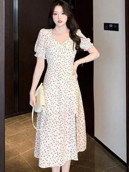 Женское модное шифоновое платье с цветочным рисунком, с пышными рукавами и квадратным воротником, Летнее длинное цельнокроеное платье, платье 2023, Корейские элегантные повседневные платья