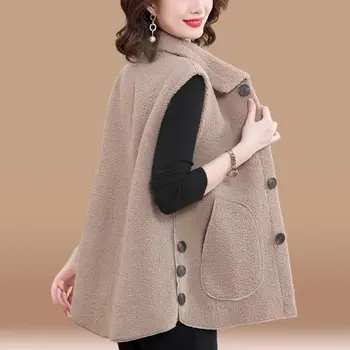 Женское пальто из искусственного меха из овечьей шерсти, жилет, топы без рукавов, кардиган, однотонная теплая куртка, Новый плюшевый жилет, женские куртки Q346