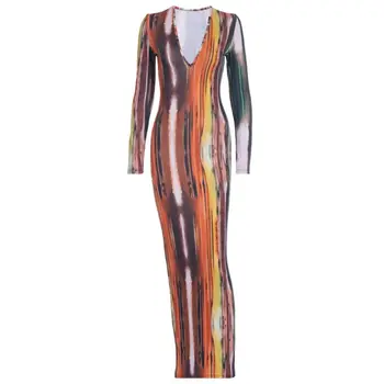 Женское сексуальное облегающее платье Макси с длинным рукавом и глубоким V-образным вырезом в цветную полоску, клубная одежда U4LF