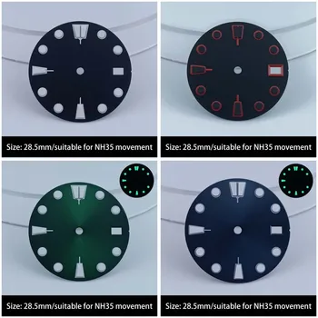 Замените 28,5-мм циферблат часов, одиночный календарь, зеленый светящийся циферблат, применимый к модифицированным деталям часов с механизмом NH36.