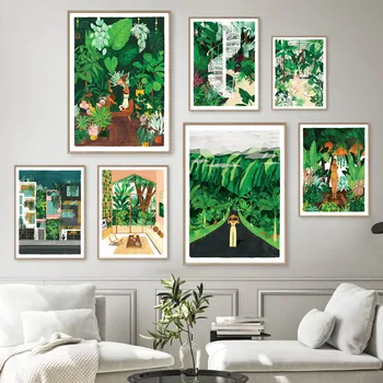 Зеленая веранда в ботаническом стиле, летний душ, водопад, настенное искусство, картина на холсте, плакаты на скандинавскую тему и принты, настенная картина для декора гостиной