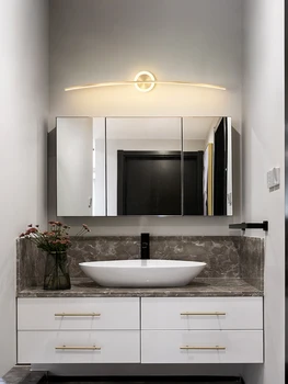 Зеркало, свет фар, роскошная минималистичная золотая линия, ванная комната, туалет, светодиодная подсветка, простой современный комод, заполняющий свет