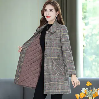 Зимняя женская повседневная куртка из смесовой шерсти, шерстяное пальто в клетку, Элегантная плотная верхняя одежда, женское кашемировое пальто с отложным воротником Y666