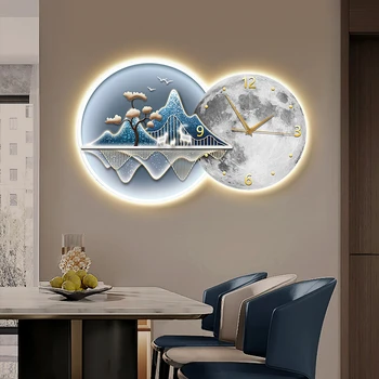 Картина для украшения столовой Современные простые лунные часы со световым декором Украшение гостиной Модная фреска с пейзажем