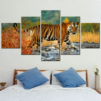 Картина с принтом на холсте из 5 частей, домашний декор, настенные художественные картины для интерьера, плакаты с изображением животных, Тигр, гуляющий в рамах для украшения комнаты
