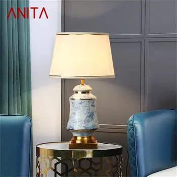 Керамические настольные лампы ANITA, Настольная лампа из синей латуни, современная роскошная ткань, декоративная для дома, гостиной, столовой, спальни