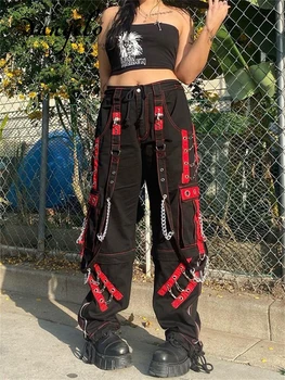 Комбинезон Yangelo Street в темном стиле, женская Готическая цепочка, Пуговицы, лента, Свободные повседневные брюки в стиле хип-хоп, Модные брюки Y2K