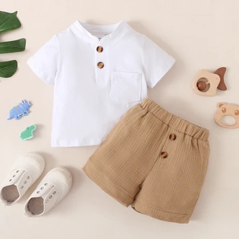 Комплект Одежды для новорожденных мальчиков на 3-24 месяца, Белая футболка с короткими рукавами, Шорты, 2 предмета, летняя повседневная одежда для маленьких мальчиков