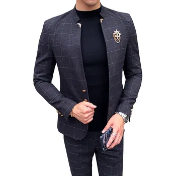 Комплект из 2 предметов, пальто + брюки, модный повседневный пиджак в стиле британской решетки с воротником-стойкой /мужской бутик-блейзер, брюки