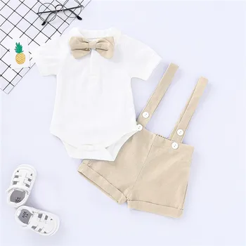 Комплект мужской одежды для новорожденного мальчика 0-24 месяцев, Хлопковый комбинезон с бабочкой и коротким рукавом + брюки на подтяжках, летний комплект из 2 предметов