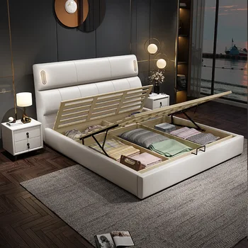 Контрактная и современная кровать из силиконовой кожи, роскошная двуспальная кровать 1,8 м, массив дерева, хранение кожаной кровати