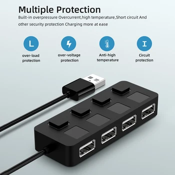 Концентратор USB 2.0, мульти USB-разветвитель, расширитель на 4 порта, USB-адаптер питания со светодиодным индикатором, выключатель питания, USB-накопители флэш-памяти для портативных ПК
