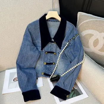Корейская модная джинсовая куртка Для женщин 2023, Новинка весны, Винтажное пальто с длинным рукавом, лацкан, Шикарная пуговица, Элегантная джинсовая куртка, Топы, верхняя одежда