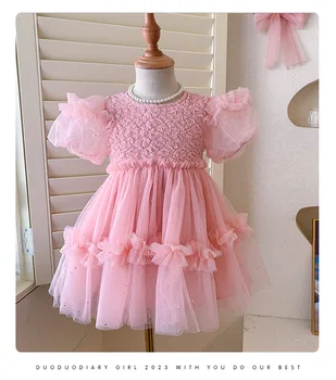 Корейское детское милое модное платье с пышными газовыми рукавами для девочек 2023, Летняя Новая стильная одежда для маленьких принцесс