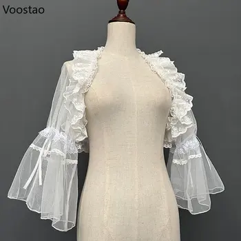 Короткое кружевное пальто в стиле кавайной Лолиты, японская милая сетка с расклешенными рукавами, Открытые передние накидки, Женский Элегантный милый кардиган, укороченные топы, верхняя одежда
