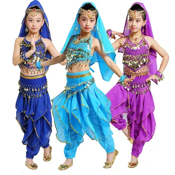 Костюм для танца живота для девочек, комплект детских болливудских танцевальных костюмов, детские индийские платья, 5 шт. (Головные уборы, топ с вуалью, юбка с поясом)