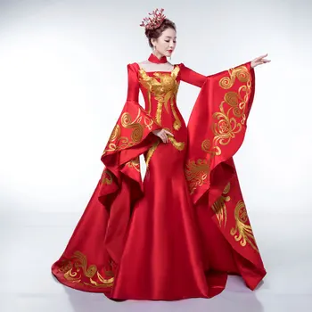 Красное платье для вечеринки в китайском стиле, Длинное Приталенное платье Чонсам, свадебное платье с роскошным шлейфом, Свадебное Ципао, модная одежда Vestido
