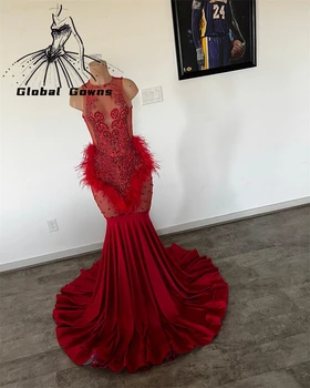 Красные длинные выпускные платья с круглым вырезом для чернокожих девушек 2023 года, расшитые бисером, хрустальными перьями, платья для вечеринки по случаю дня рождения, вечернее платье Русалка Robe De Bal