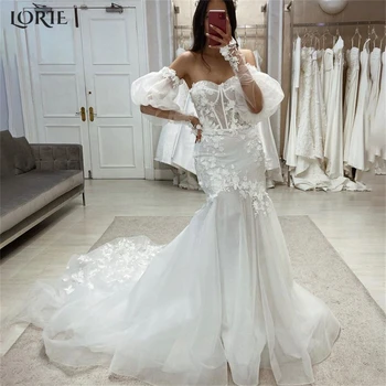 Кружевные свадебные платья-русалки LORIE с пышными рукавами и открытыми плечами, облегающие свадебные платья с открытой спиной, пышная юбка для невесты