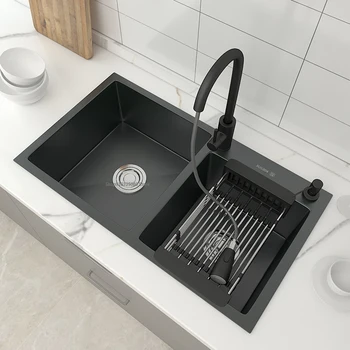 Кухонная Бытовая раковина Nano Black Бытовые кухонные раковины с двойным желобом, Сливная корзина, Утолщенная раковина для мытья посуды из нержавеющей стали