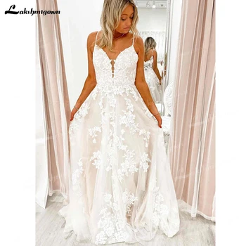 Лакшмигаун, Элегантное свадебное платье с корсетным лифом и аппликацией из тюля, Трапециевидный V-образный вырез, длина до пола, свадебное платье без рукавов с открытой спиной