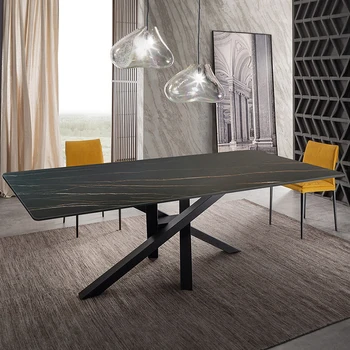 Легкая роскошная гостиная, обеденный стол из массива дерева, сочетание стульев, итальянский современный простой мраморный стол