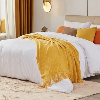 Летнее вязаное одеяло, однотонное одеяло с вафельным тиснением, декоративные одеяла в скандинавском стиле, покрывало для дивана-кровати, плед из плотной вязки, плед в клетку