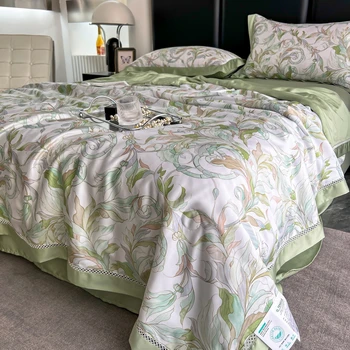 Летнее одеяло из хлопка с кондиционером, стираемое из четырех частей, Двуспальное постельное белье с растительным цветочным принтом, Стеганая саржа Cool Simple