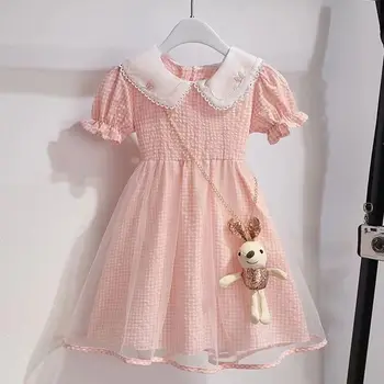 Летнее платье с короткими рукавами для девочек от 3 до 11 лет, Новое детское платье 2023 года, Розовая кукла для девочек, Клетчатая юбка принцессы, летнее платье