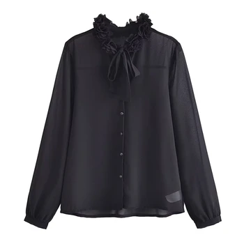 Летний новый цветочный галстук-бабочка, Полупрозрачная черная рубашка с длинными рукавами, свободный однобортный топ с бантом, женский