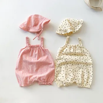 Летняя детская одежда, тонкий комбинезон с сердечками, шляпа, комплект из 2 предметов для малышей, цельный комбинезон без рукавов для мальчиков и девочек, одежда для новорожденных