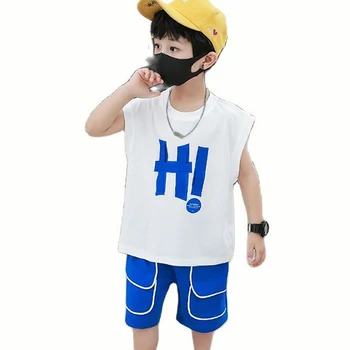 Летняя одежда для мальчиков, одежда с буквенным рисунком для мальчиков, жилет + короткий спортивный костюм для мальчика, детская одежда в повседневном стиле