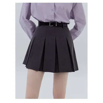 Лето 2023, Универсальная юбка трапециевидной формы с высокой талией в стиле колледжа, Серая Короткая, уменьшающая возраст, Маленькая плиссированная женщина