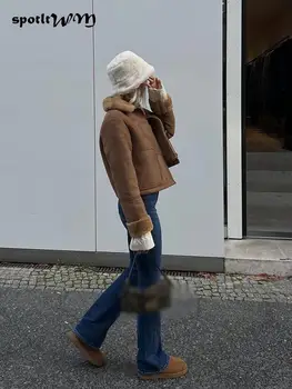 Модная куртка из искусственной замши, пальто, зимняя женская толстая теплая однобортная короткая куртка с длинным рукавом 2022, женское однобортное короткое пальто с отворотом