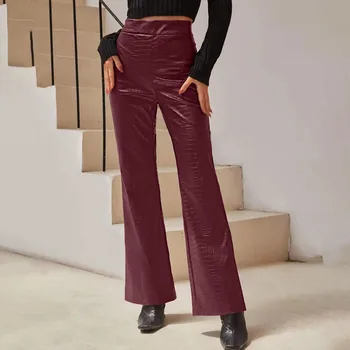 Модные женские брюки из искусственной кожи, прямые свободные брюки, винтажные брюки с высокой талией, черные расклешенные женские кожаные брюки