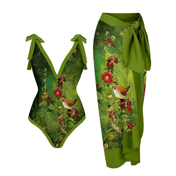 Модный V-образный вырез с цветочным принтом маслом, цельный летний пляжный однотонный купальник с эффектом пуш-ап, бразильский купальный костюм