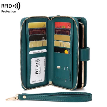 Модный женский кошелек в стиле ретро с защитой от кражи RFID, длинный кошелек для монет на молнии, женская сумка-клатч большой емкости, женский держатель для карт