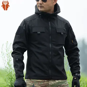 Мужская куртка Mege Tactical Softshell, военный камуфляж, Уличные ветровки с несколькими карманами и капюшоном, Осенняя Теплая Черная зимняя куртка