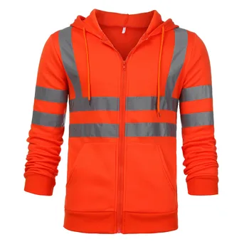 Мужская оранжевая флисовая куртка Hi Vis, толстовка с капюшоном, пуловер со светоотражающими полосами, рабочая одежда