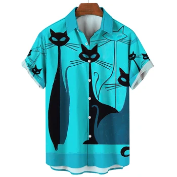 Мужская рубашка с коротким рукавом Рашгард, мужские топы с 3D принтом Lucky Cat, винтажная мужская одежда с лацканами, рубашки оверсайз, Гавайская пляжная блузка